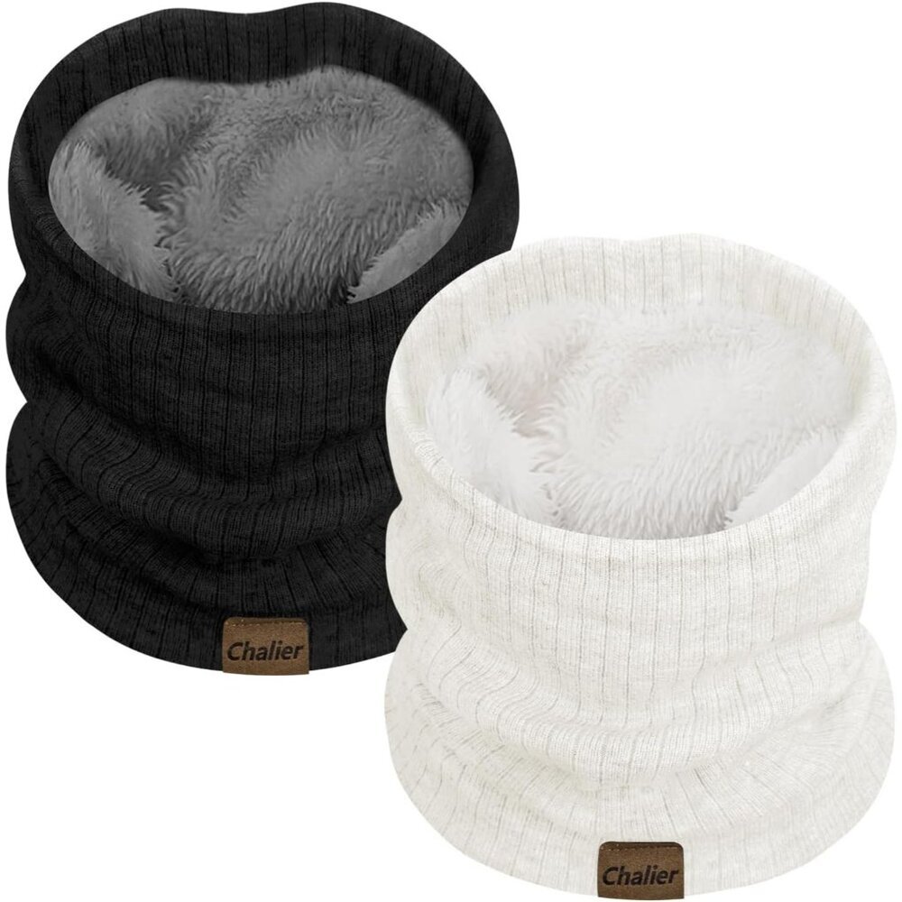 Women's (black+ White)Scarf Winter Double-Layer Neck Warmer Knit Fleece 2Pack
